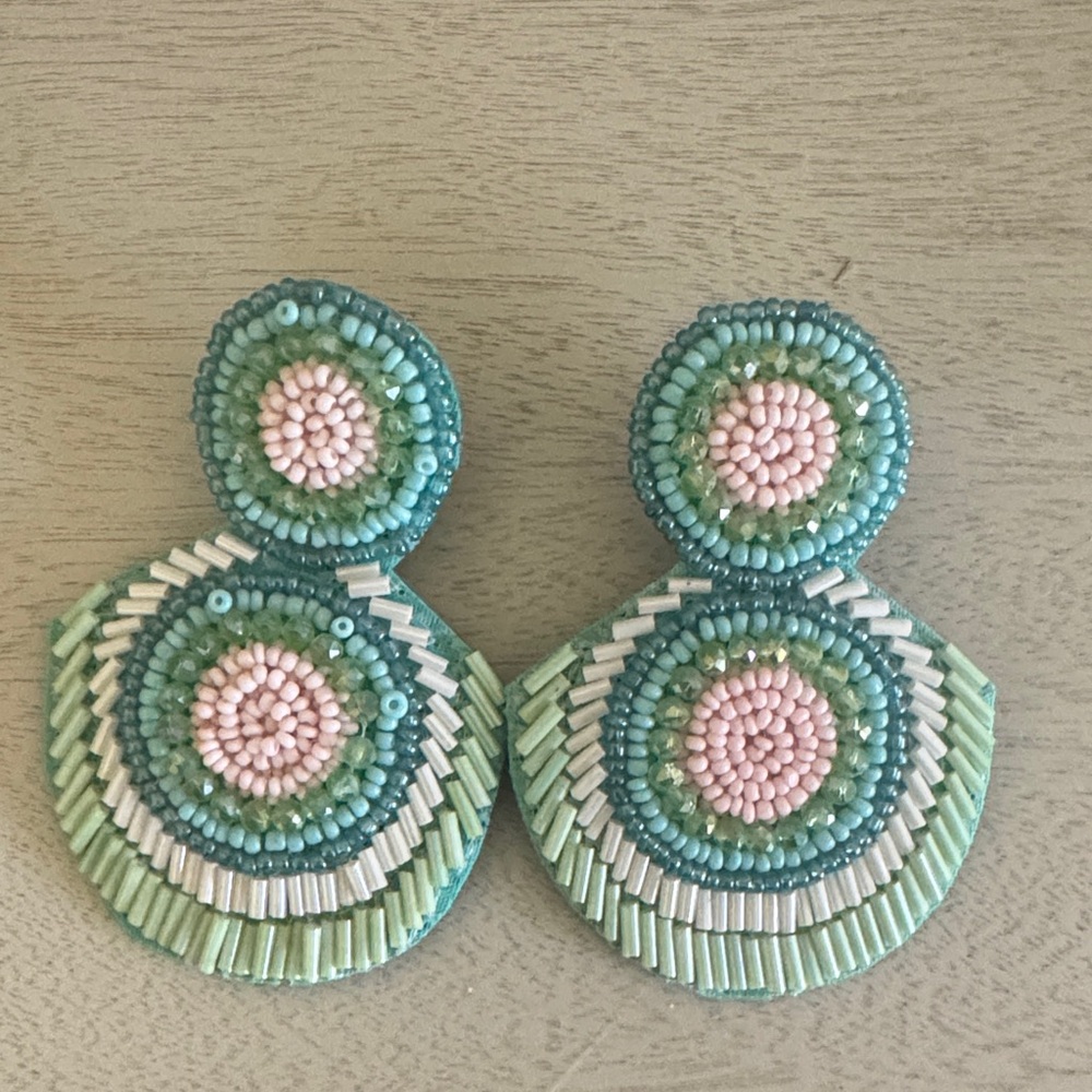 Beaded Statement Earrings in Green and Pink